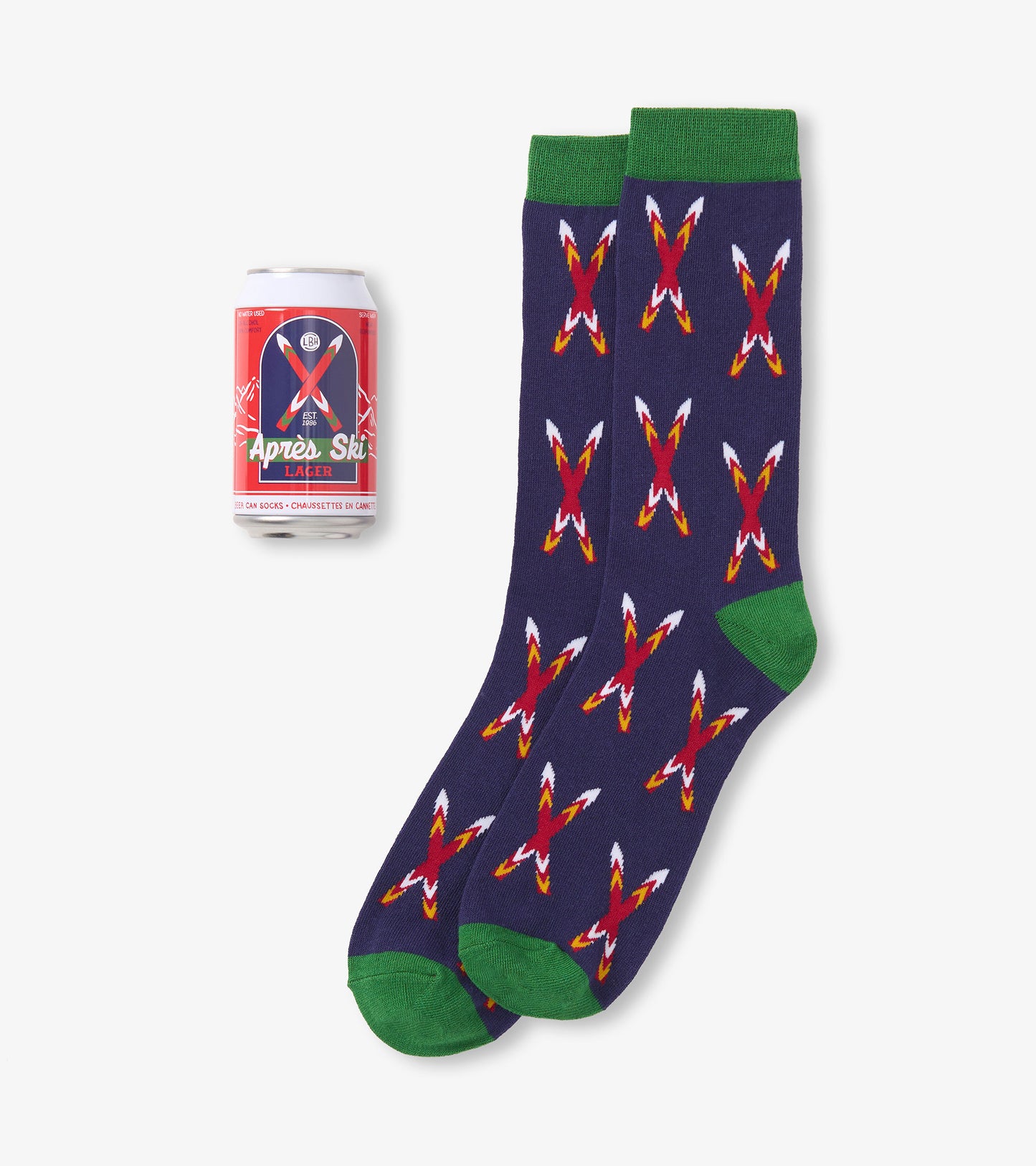 Navy socks with crossed skis pattern, featuring green cuffs, paired with a beer can for scale.