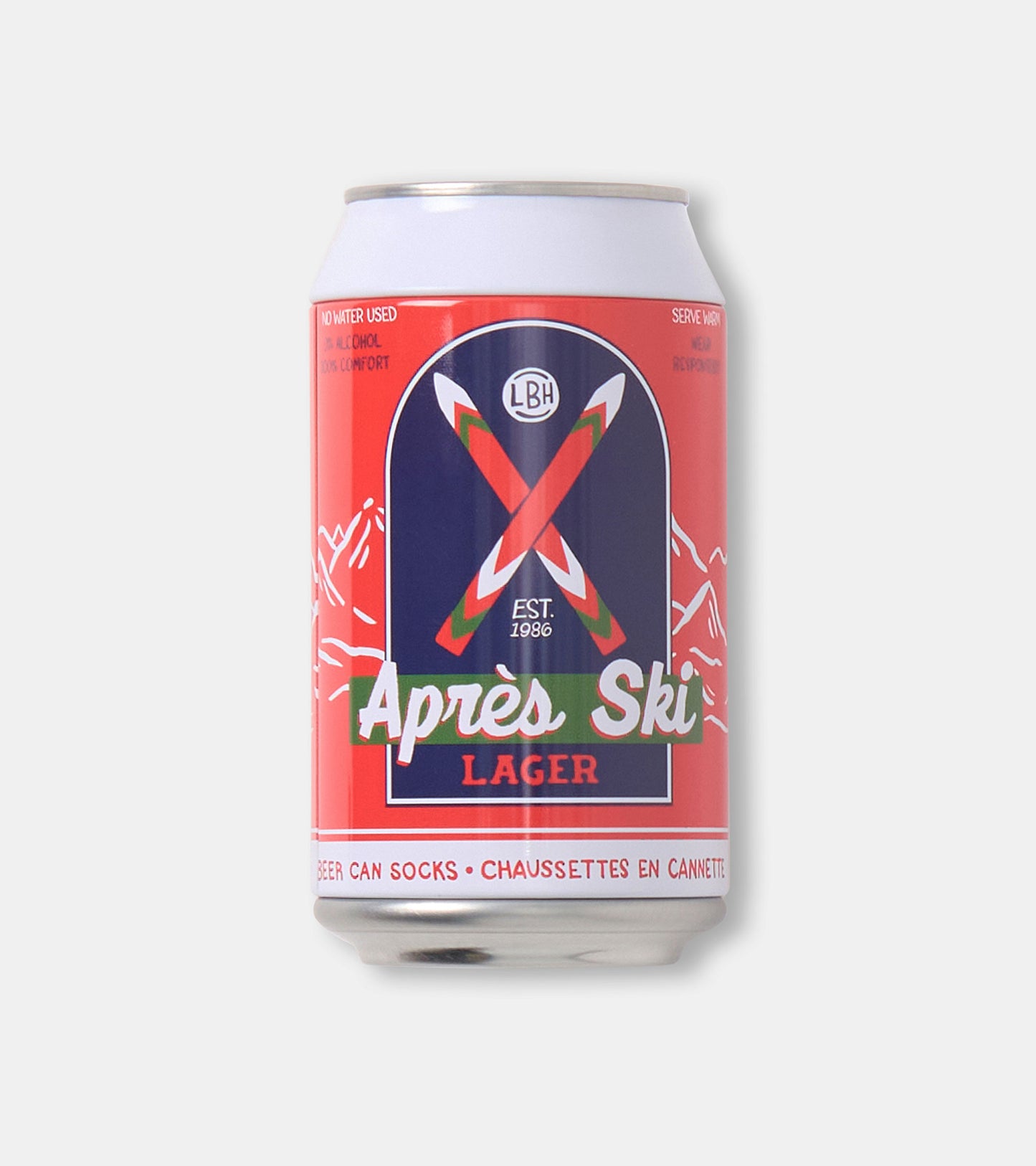 Red beer can with mountain graphics and "Après Ski Lager" label, designed for novelty socks.