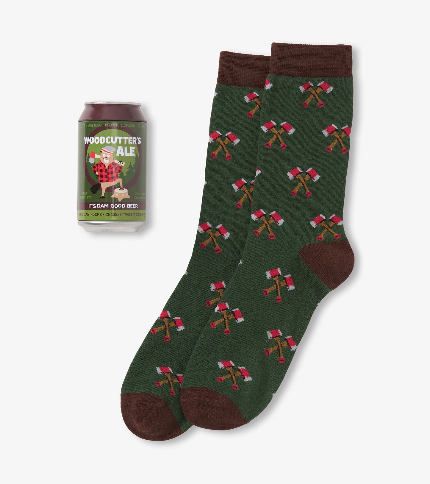 Green socks with a woodcutter's axe pattern and brown cuffs, paired with a beer can.