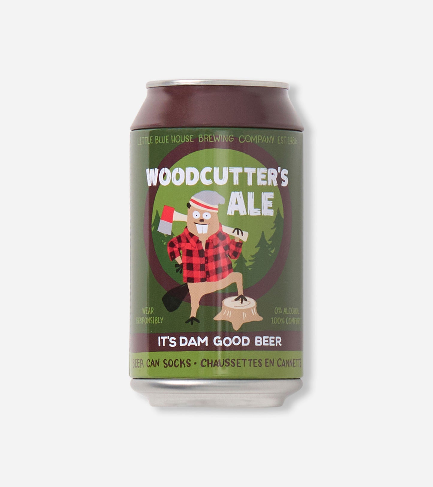 Green beer can featuring a cartoon beaver in a red plaid shirt, with the label "Woodcutter's Ale" prominently displayed.