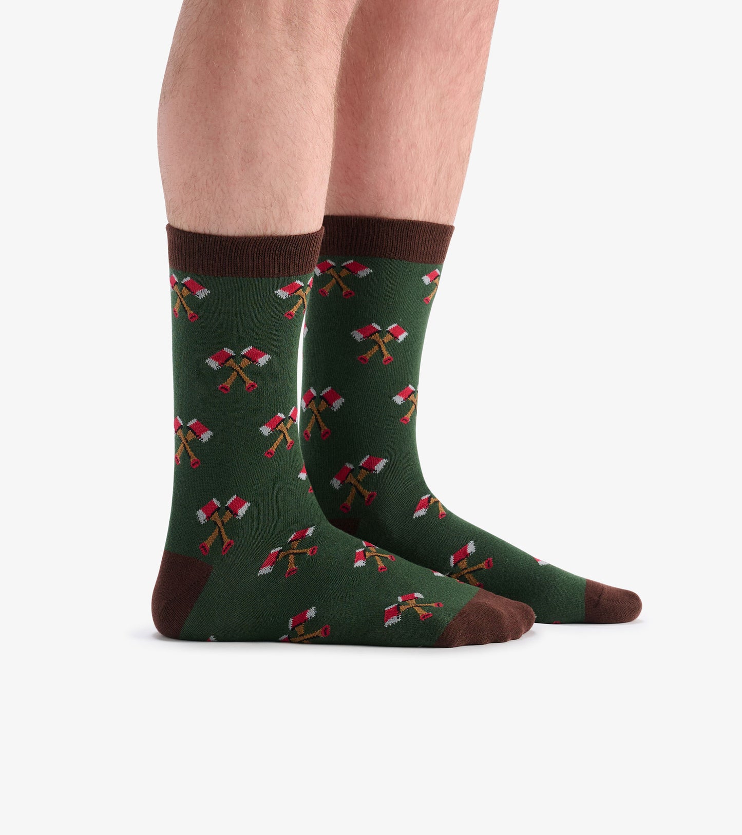 Green socks featuring a woodcutter's axe pattern, with brown cuffs and toe, suitable for casual wear.