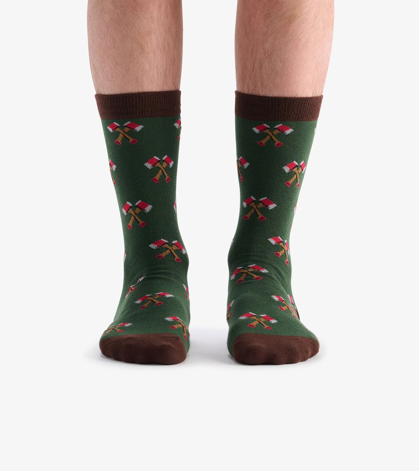Green socks featuring a pattern of crossed axes, with brown cuffs and toes, designed for casual wear.