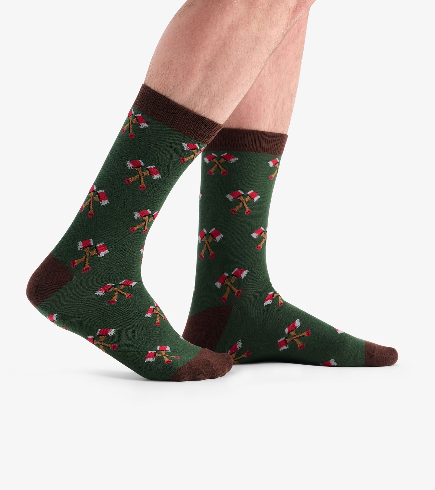 Green socks featuring a pattern of red and white beer cans and axes, with brown cuffs and toe sections.