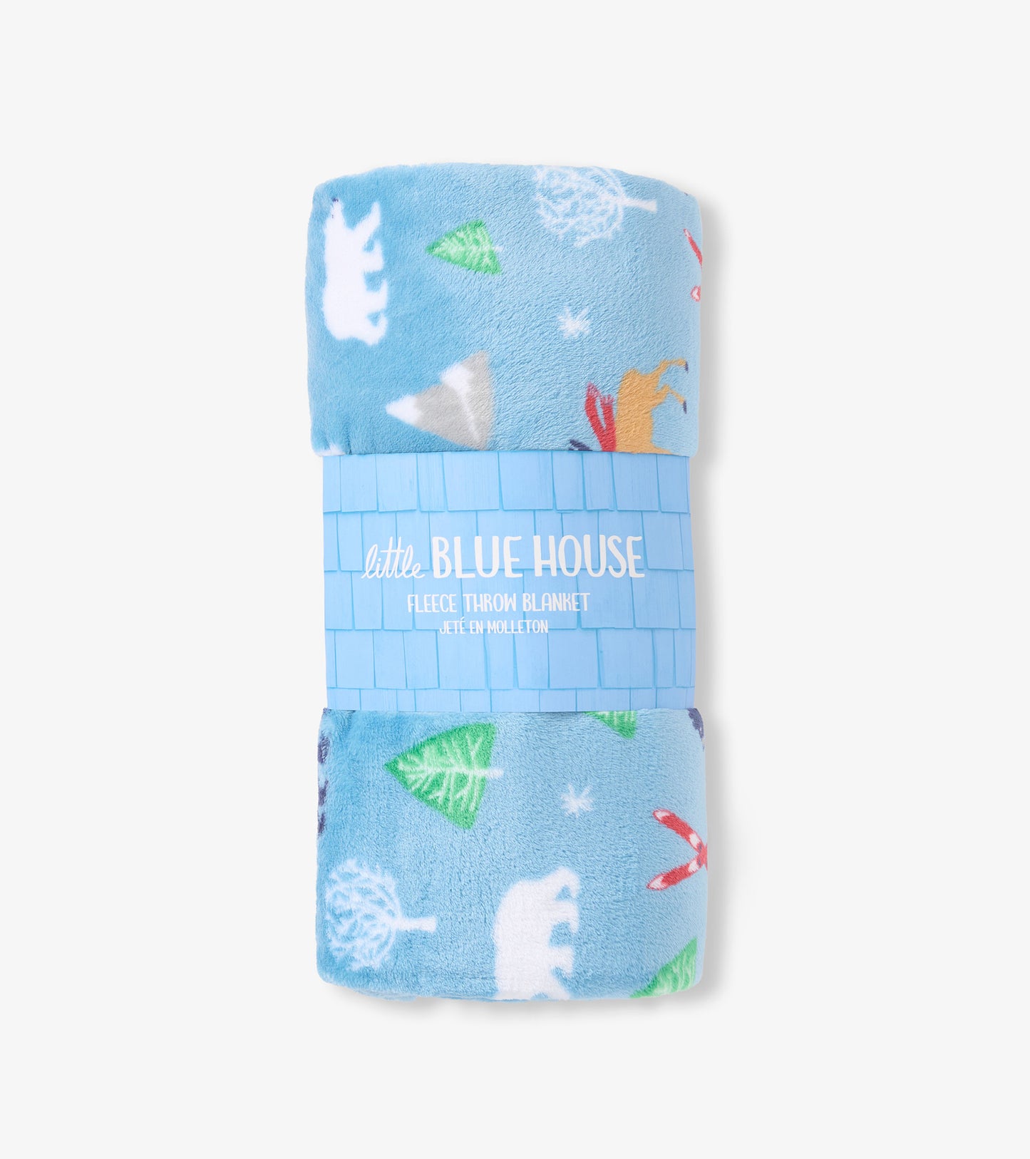 Light blue fleece blanket featuring winter-themed patterns like trees, animals, and snowflakes, rolled and tied with a label.