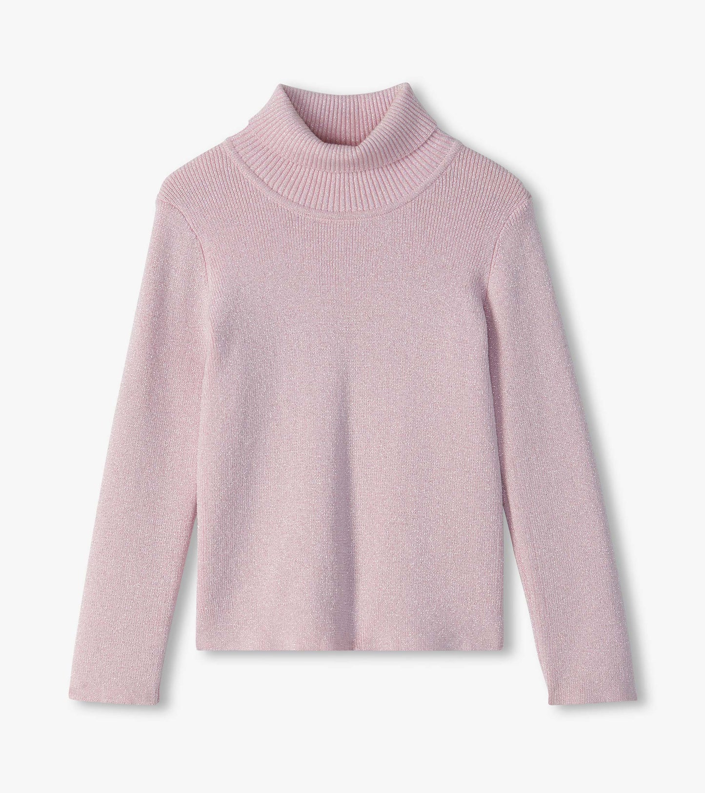 Light pink glitter turtleneck sweater with long sleeves and a ribbed folded collar