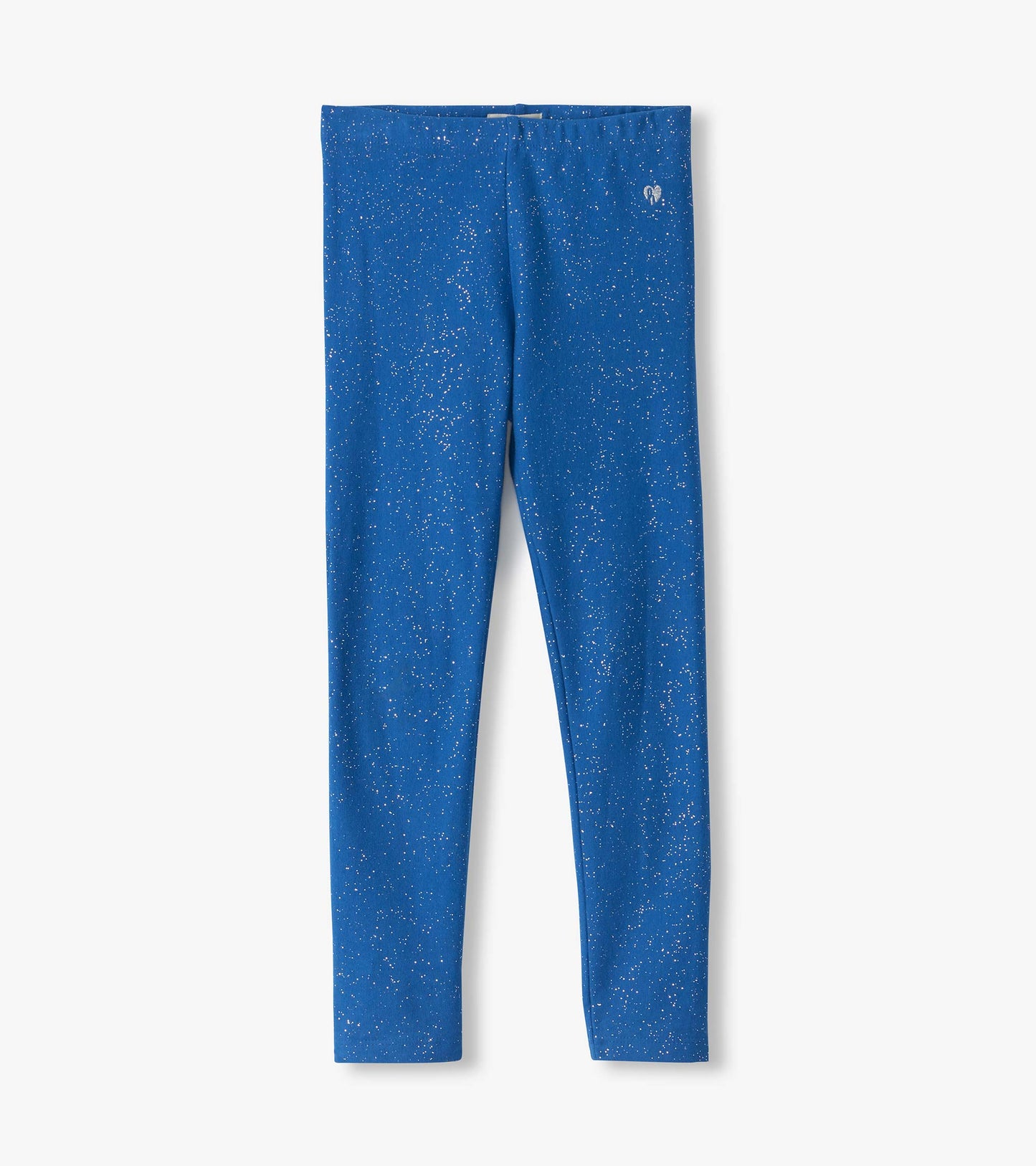 Bright cobalt girls leggings with allover silver speckle print and a small logo near the waistband