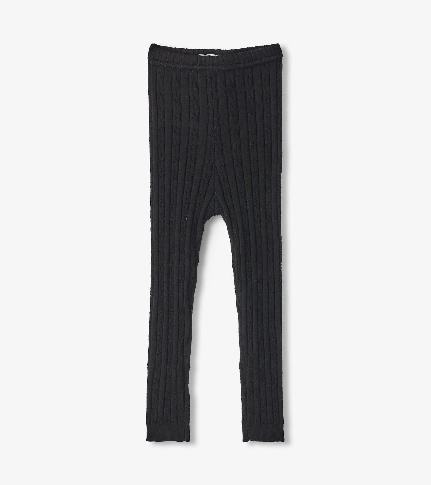 Black cable knit leggings for baby girls, featuring a snug fit and ribbed texture. Suitable for casual wear.