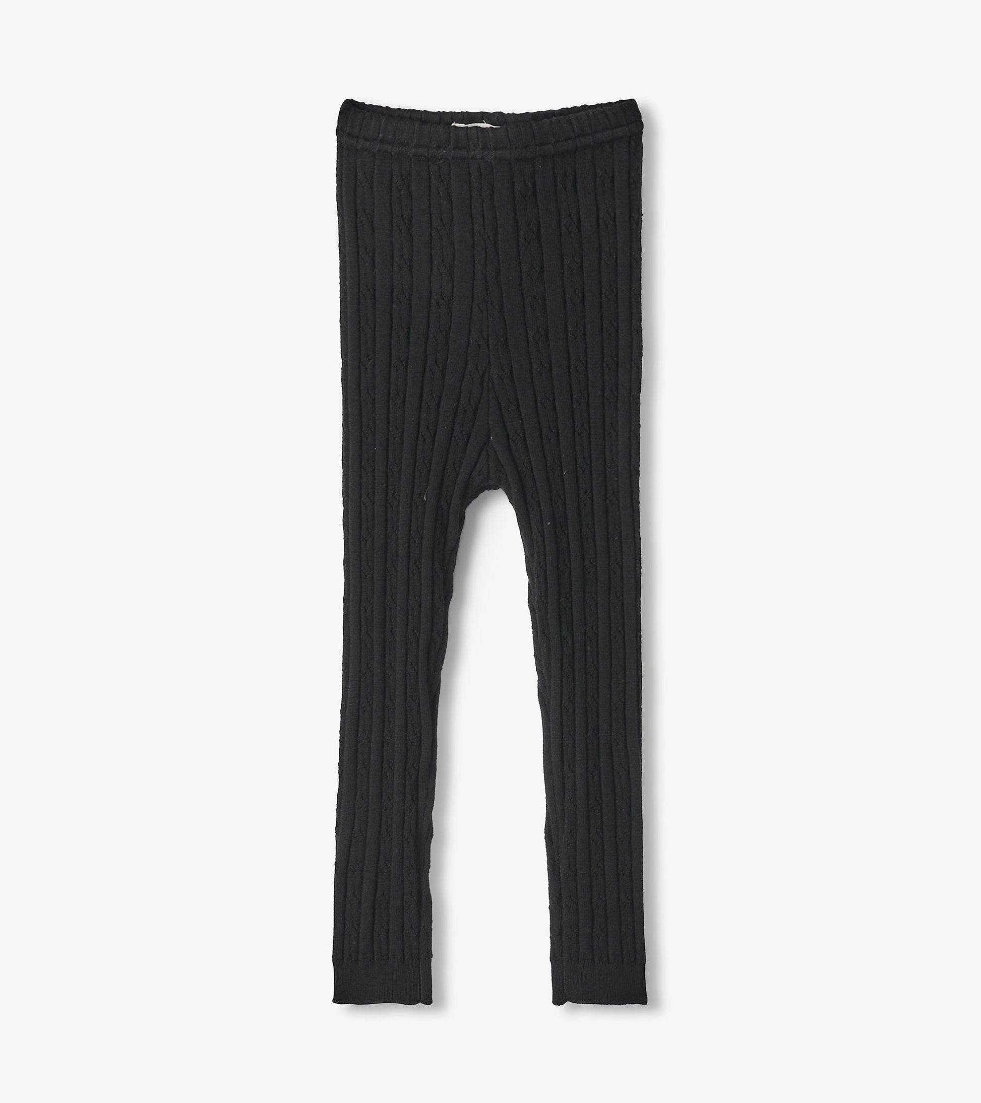 Black cable knit leggings for baby girls, featuring a snug fit and ribbed texture. Suitable for casual wear.
