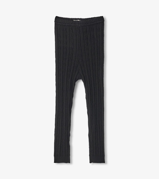 Black cable knit leggings for baby girls, featuring a snug fit and ribbed texture. Suitable for casual wear.