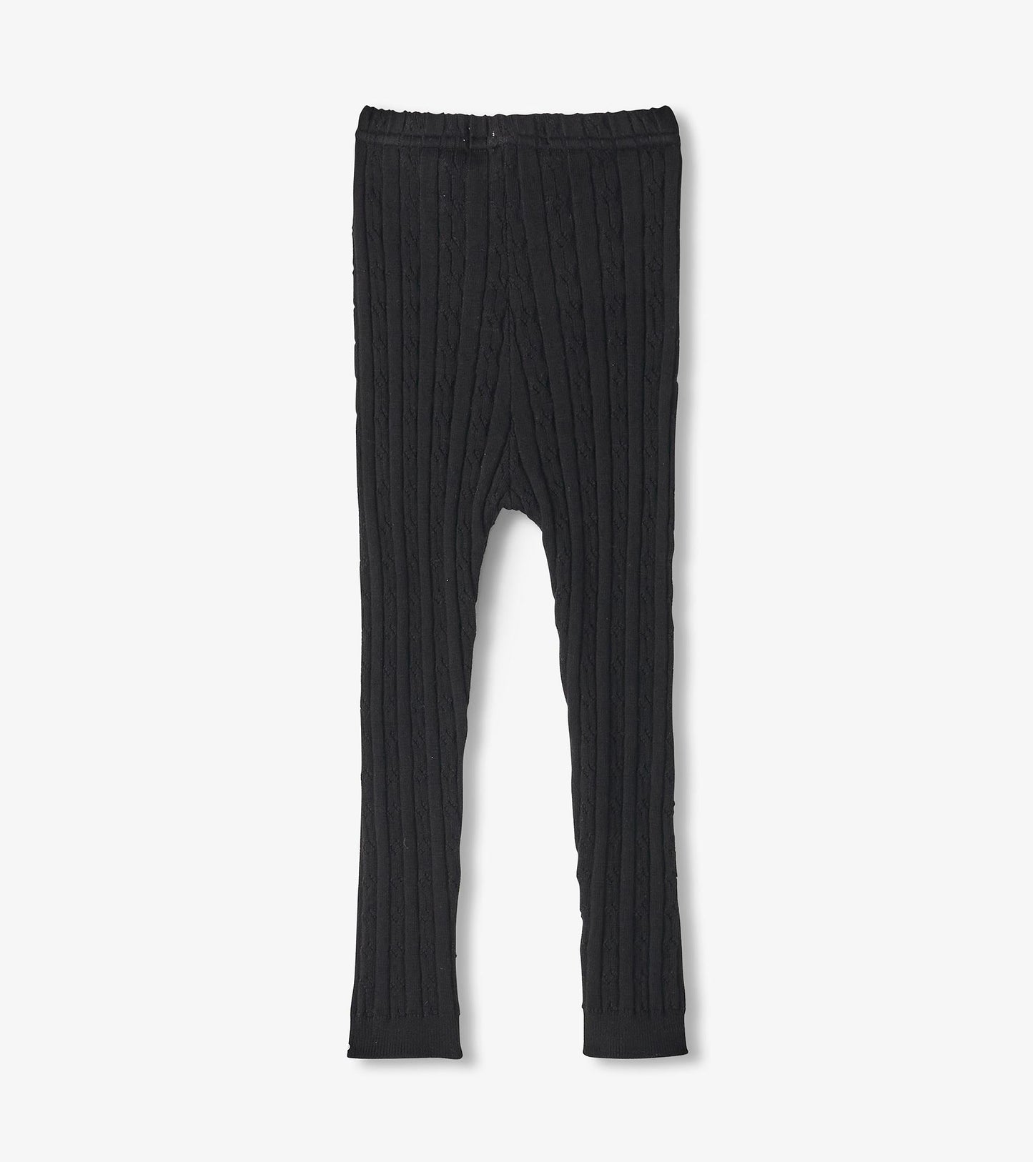 Black cable knit leggings for baby girls with an elastic waistband and a snug fit. Suitable for casual wear.