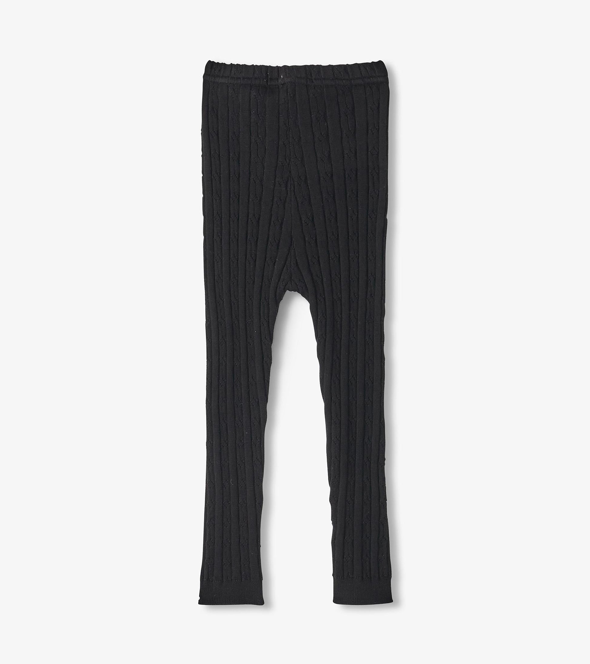 Black cable knit leggings for baby girls with an elastic waistband and a snug fit. Suitable for casual wear.