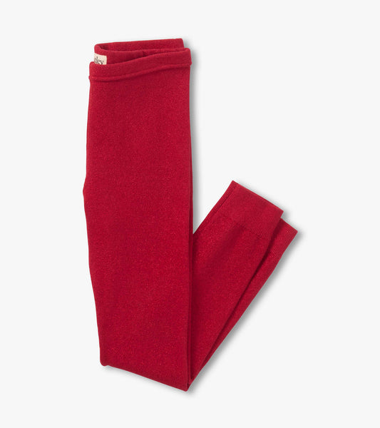 Red shimmer knit leggings with a soft texture, featuring a comfortable waistband, suitable for girls.