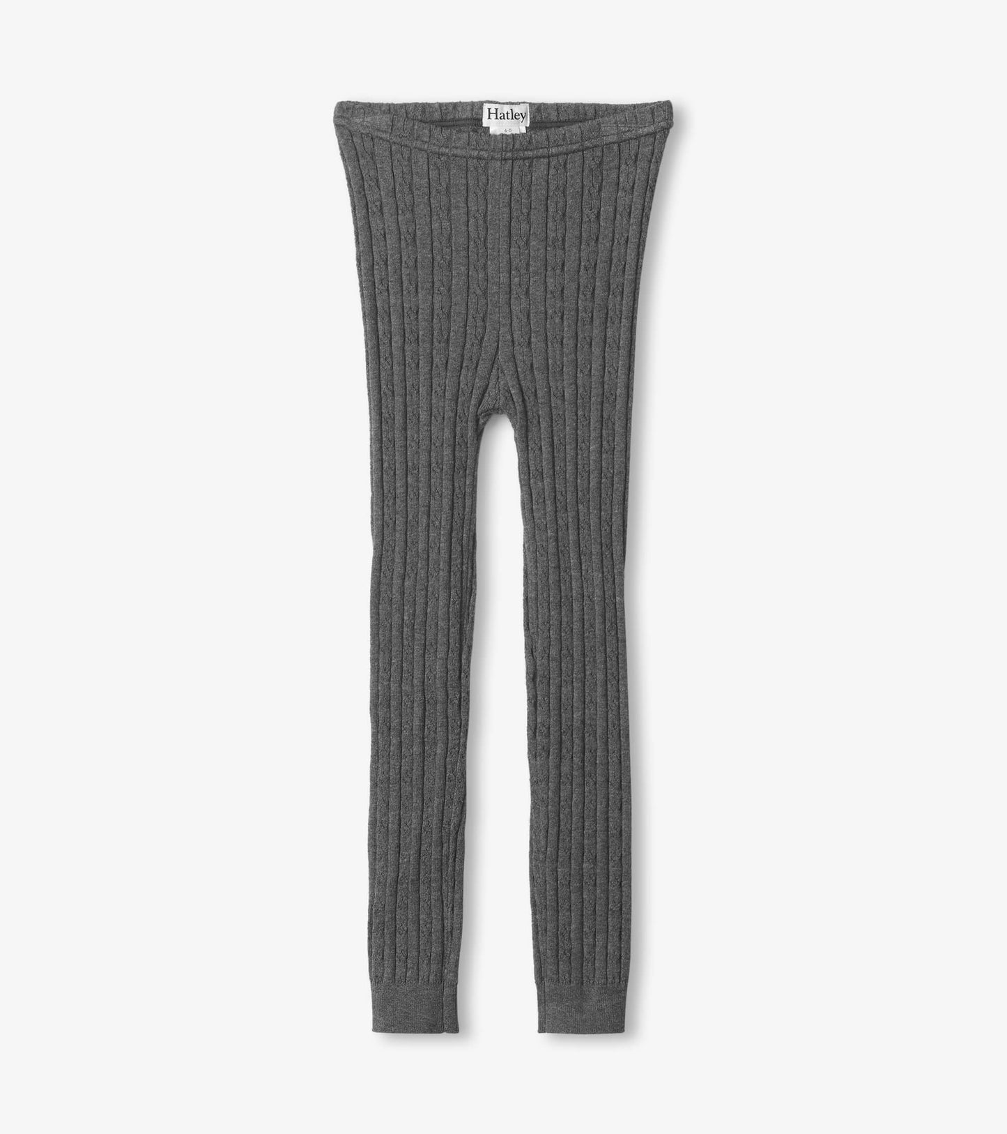 Charcoal gray cable knit tights with a ribbed texture, designed for girls, featuring a comfortable waistband.