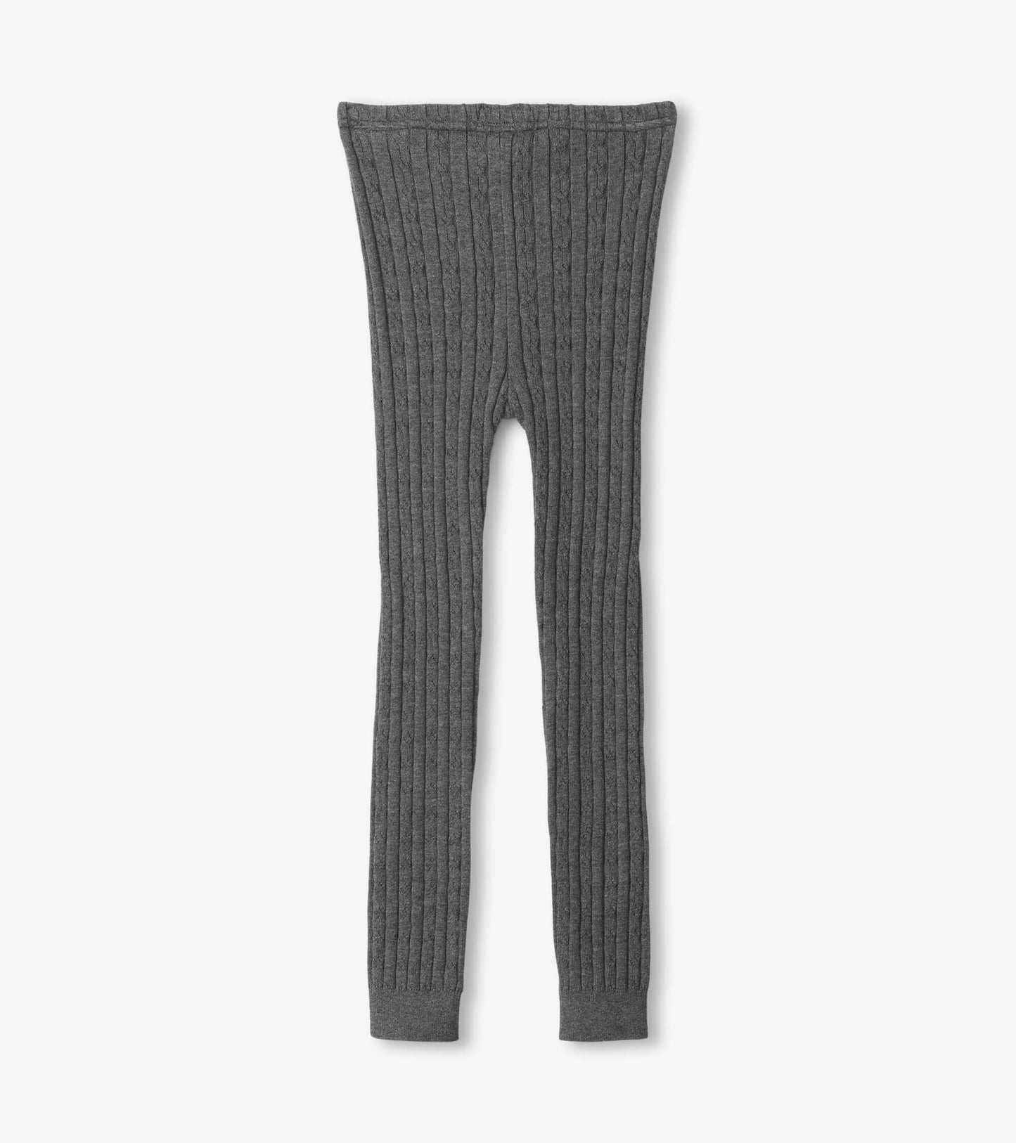 Charcoal gray cable knit tights with a ribbed texture, designed for girls, shown flat.