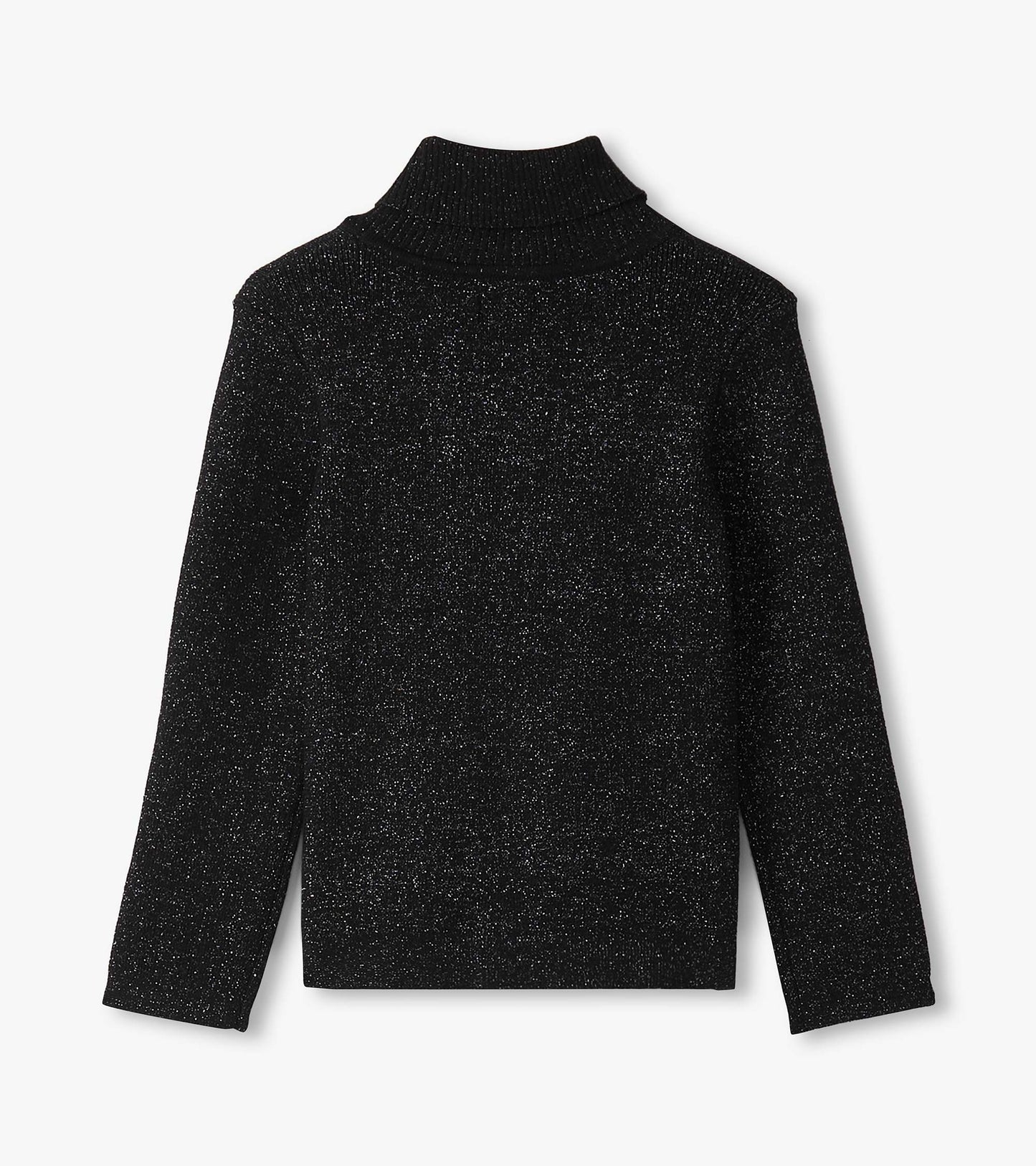 Black glitter turtleneck sweater with long sleeves and a high collar, suitable for girls.