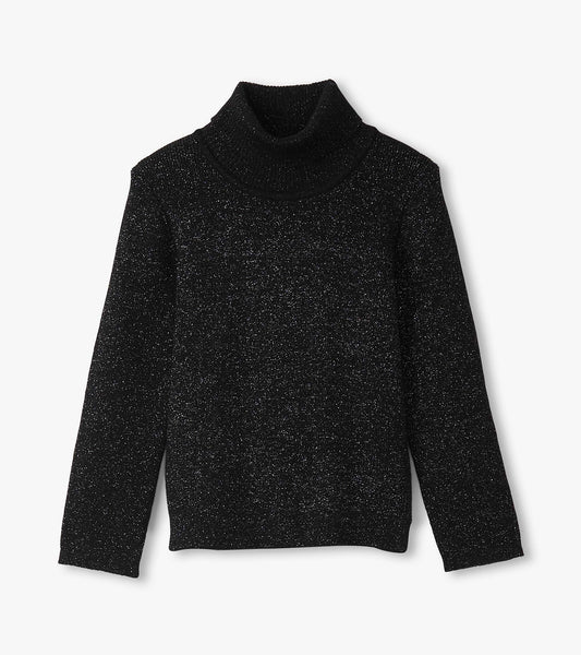 Black glitter turtleneck sweater with long sleeves and a high collar, suitable for girls.