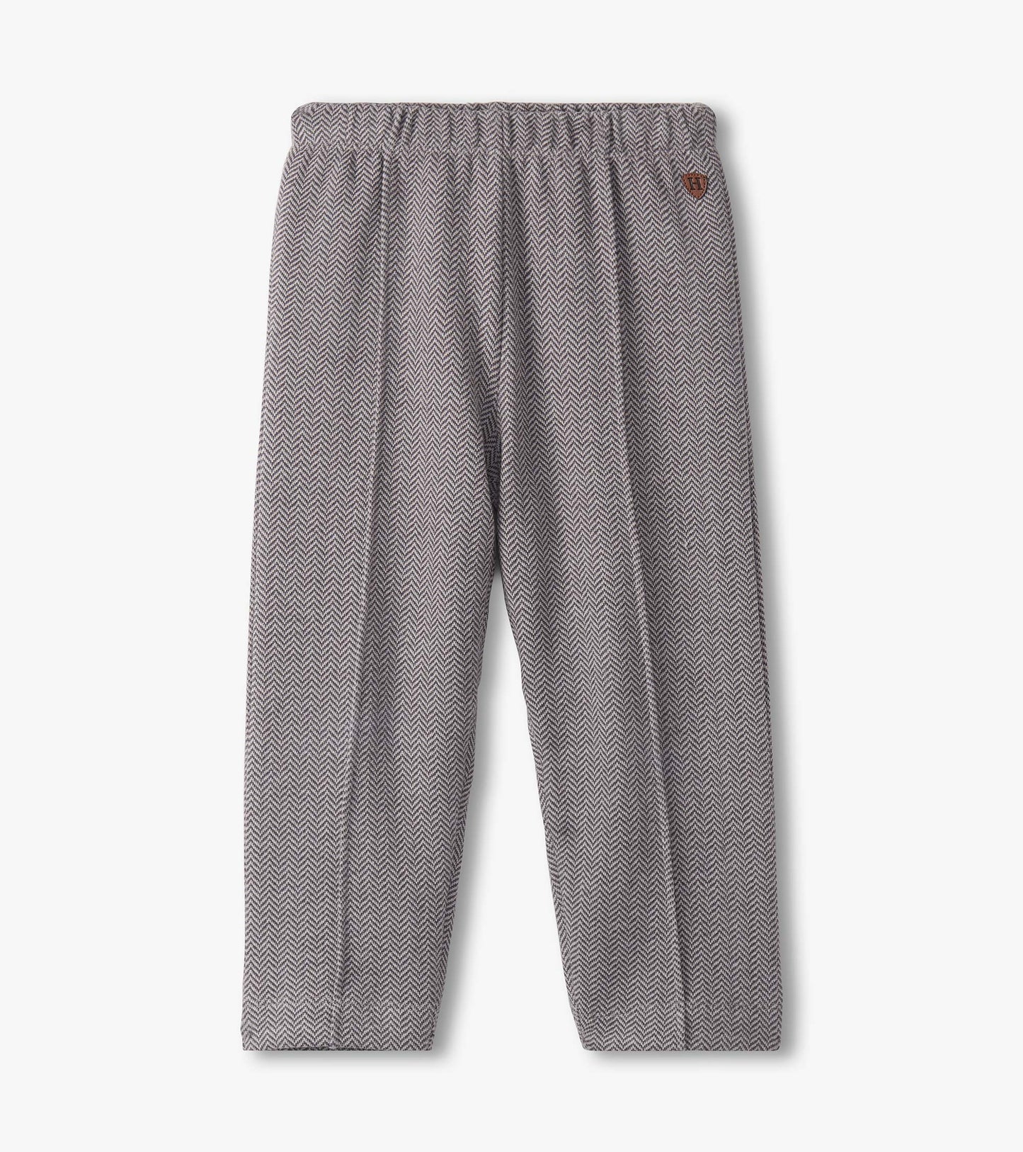 Dark grey stretch herringbone pants with an elastic waistband, suitable for baby and toddler boys.