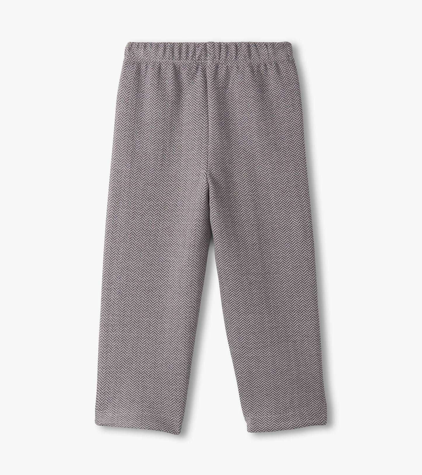 Dark grey stretch herringbone pants with an elastic waistband for baby and toddler boys.