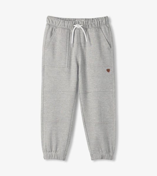 Grey cozy pants with an elastic waistband, drawstring, and side pockets, designed for boys.