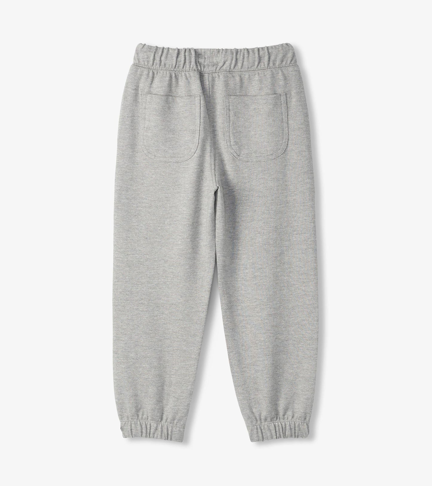 Light grey cozy pants with an elastic waistband and two back pockets, designed for boys.