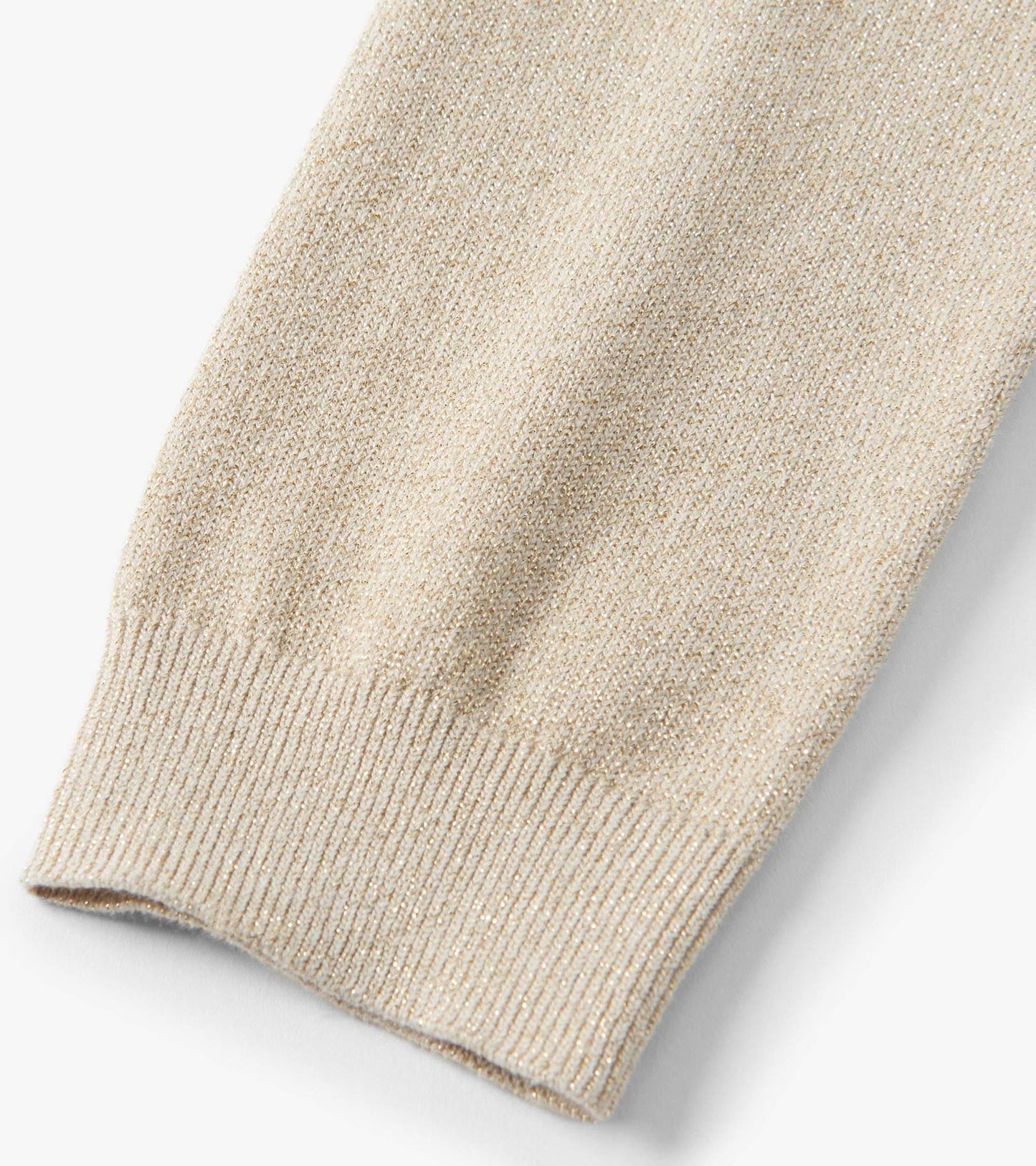 Gold glitter leggings with a soft, stretchy fabric and ribbed cuffs, suitable for casual wear.