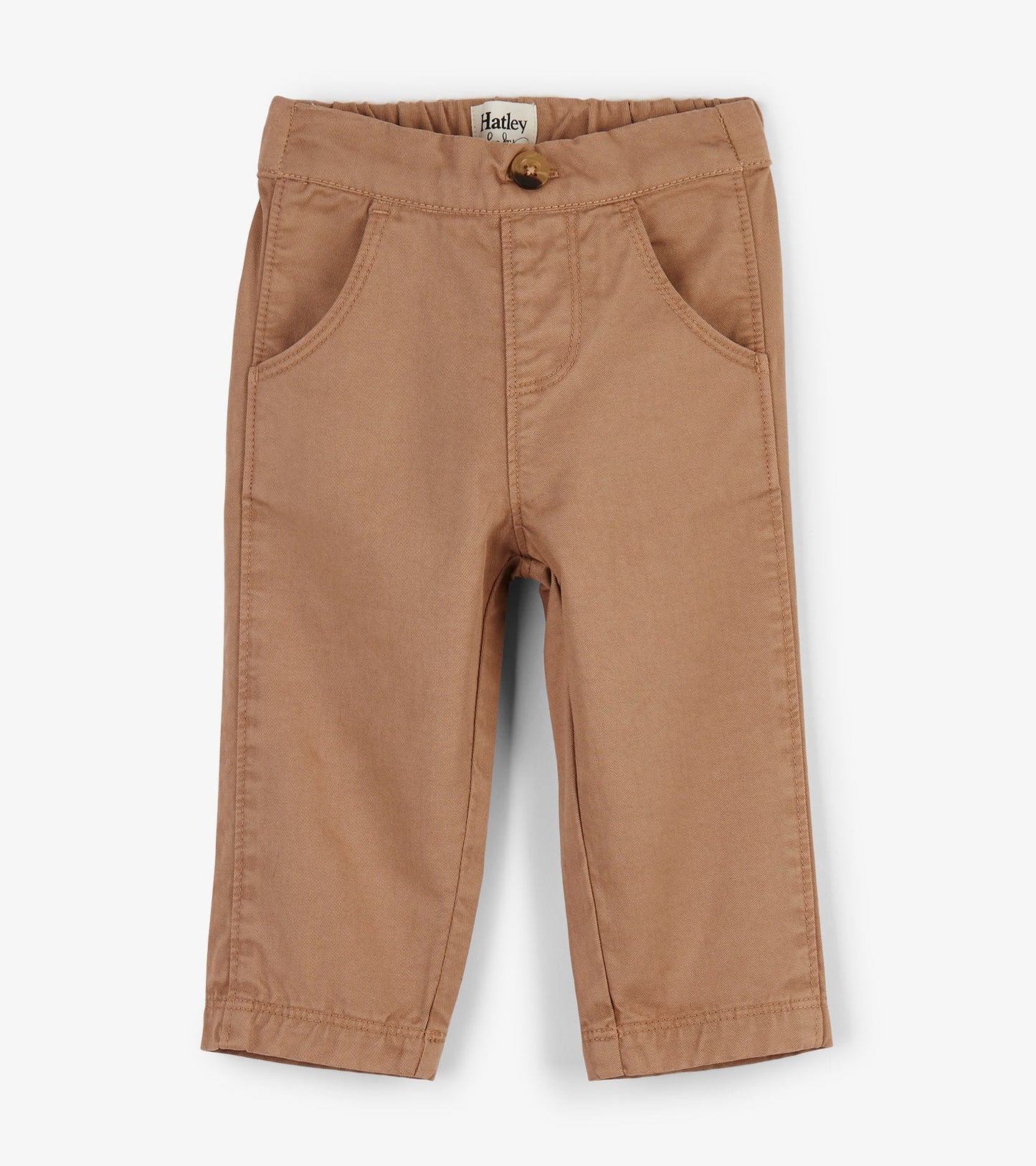 Khaki twill baby pants with a button closure and front pockets, suitable for infants aged 3-24 months.