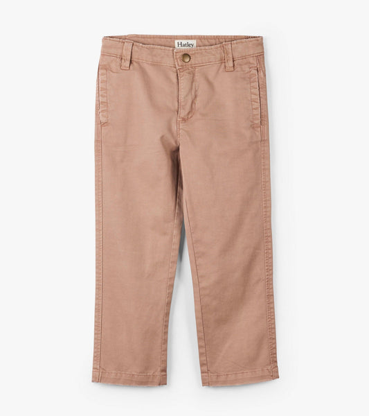 Khaki twill pants for boys, featuring a classic fit with front pockets and a button closure.