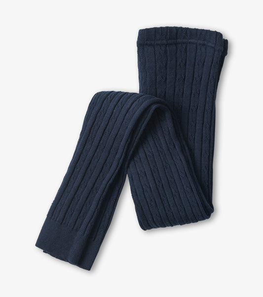 Navy cable knit tights with a ribbed texture, suitable for girls, folded for display.