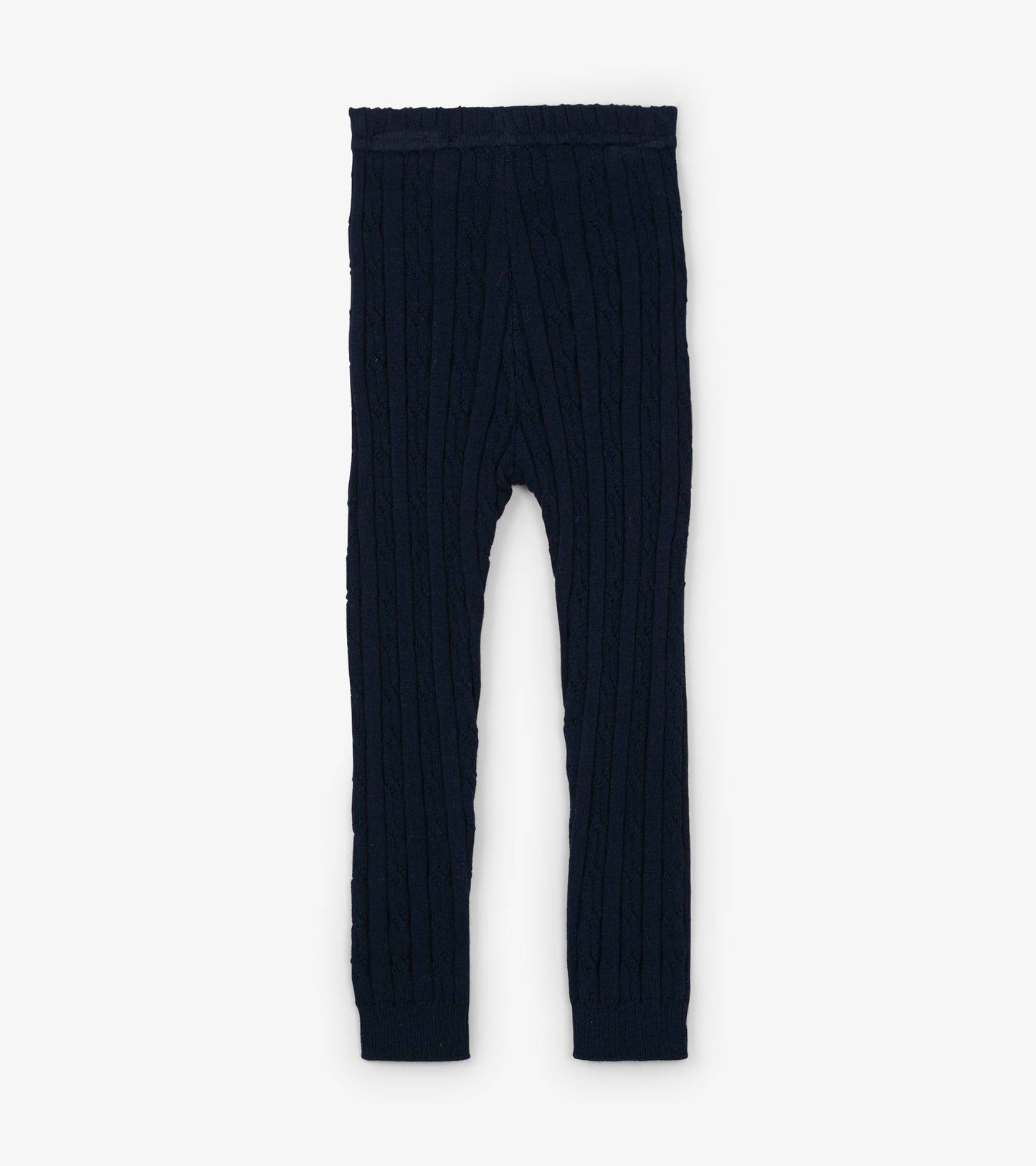 Navy cable knit leggings for babies, featuring a textured pattern and elastic waistband. Suitable for ages 0-24 months.
