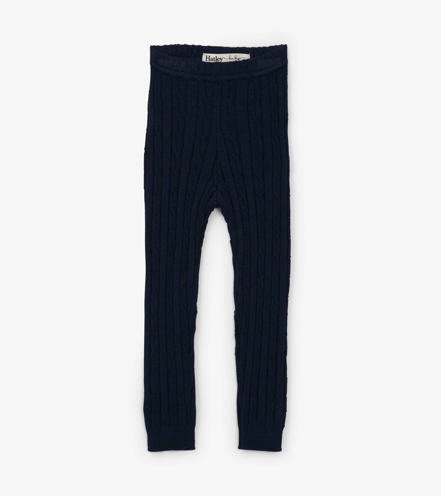 Navy cable knit leggings for babies, featuring a stretchy waistband and ribbed texture. Suitable for ages 0-24 months.
