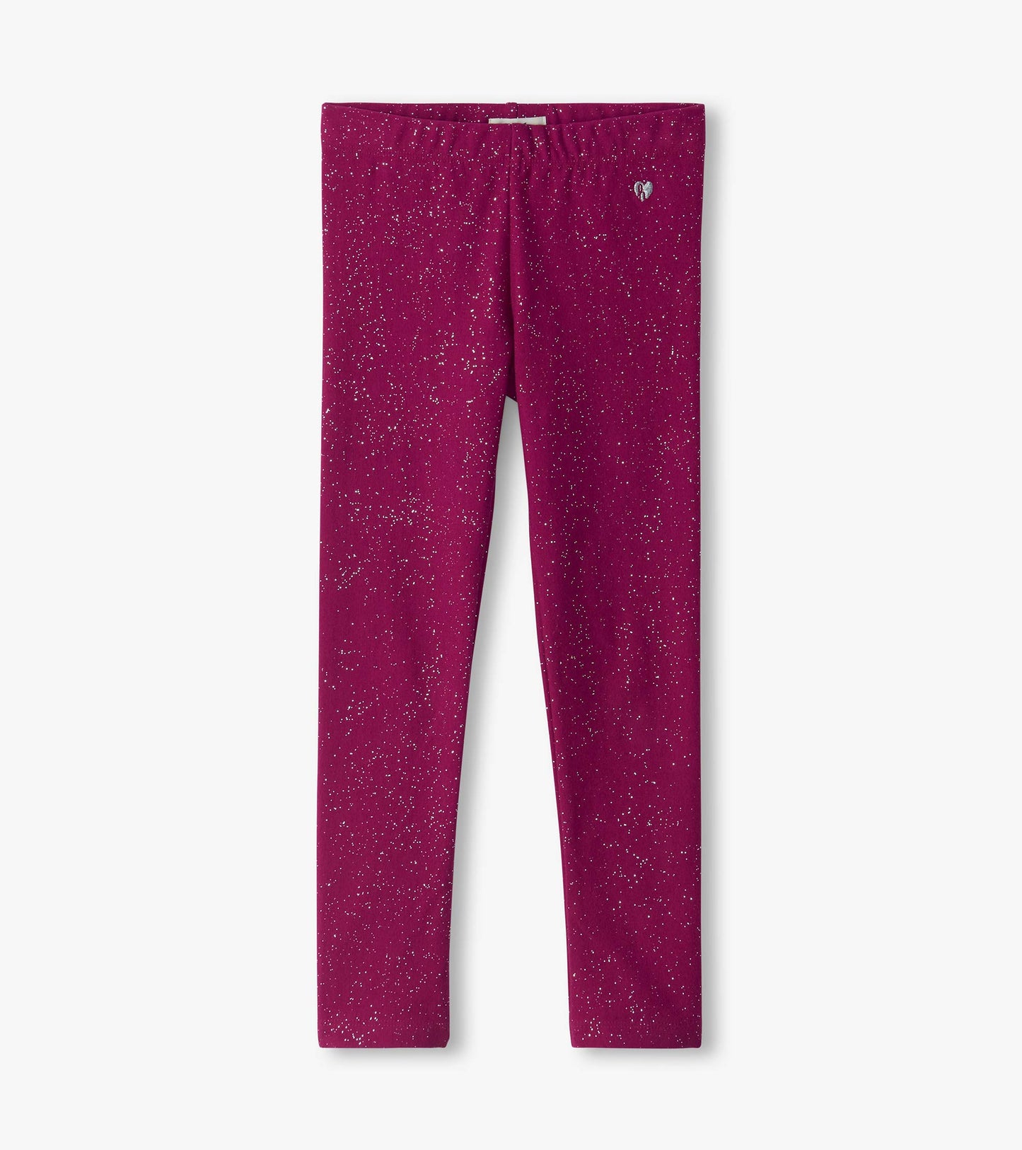 Raspberry pink girls leggings with silver speckle print and small heart detail at the waistband