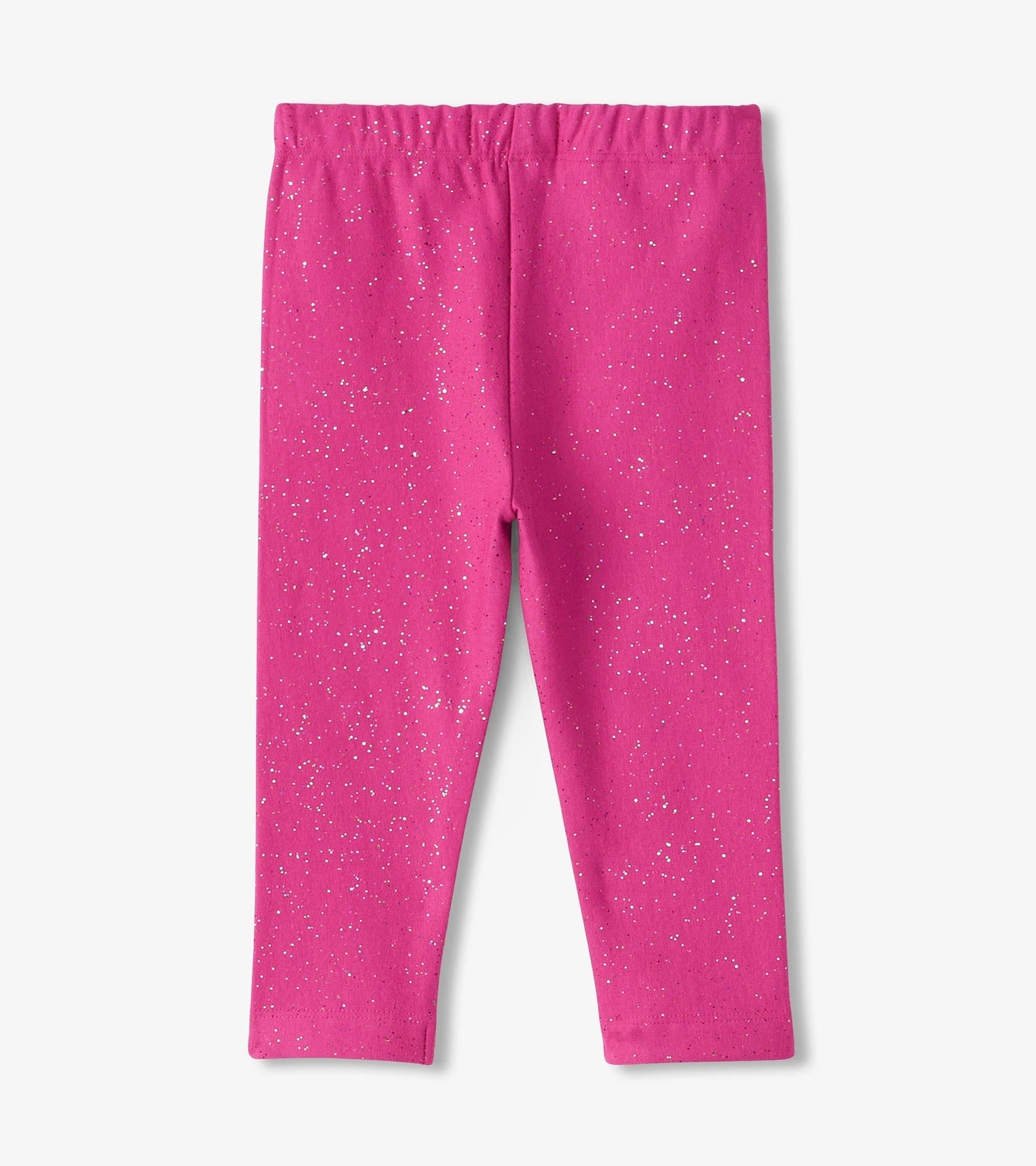 Bright pink cozy leggings with a sparkly pattern, featuring an elastic waistband for comfort.