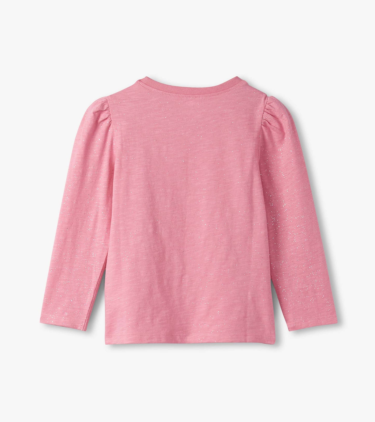 Light pink long-sleeve tee with puff sleeves and subtle sparkle detailing, viewed from the back.