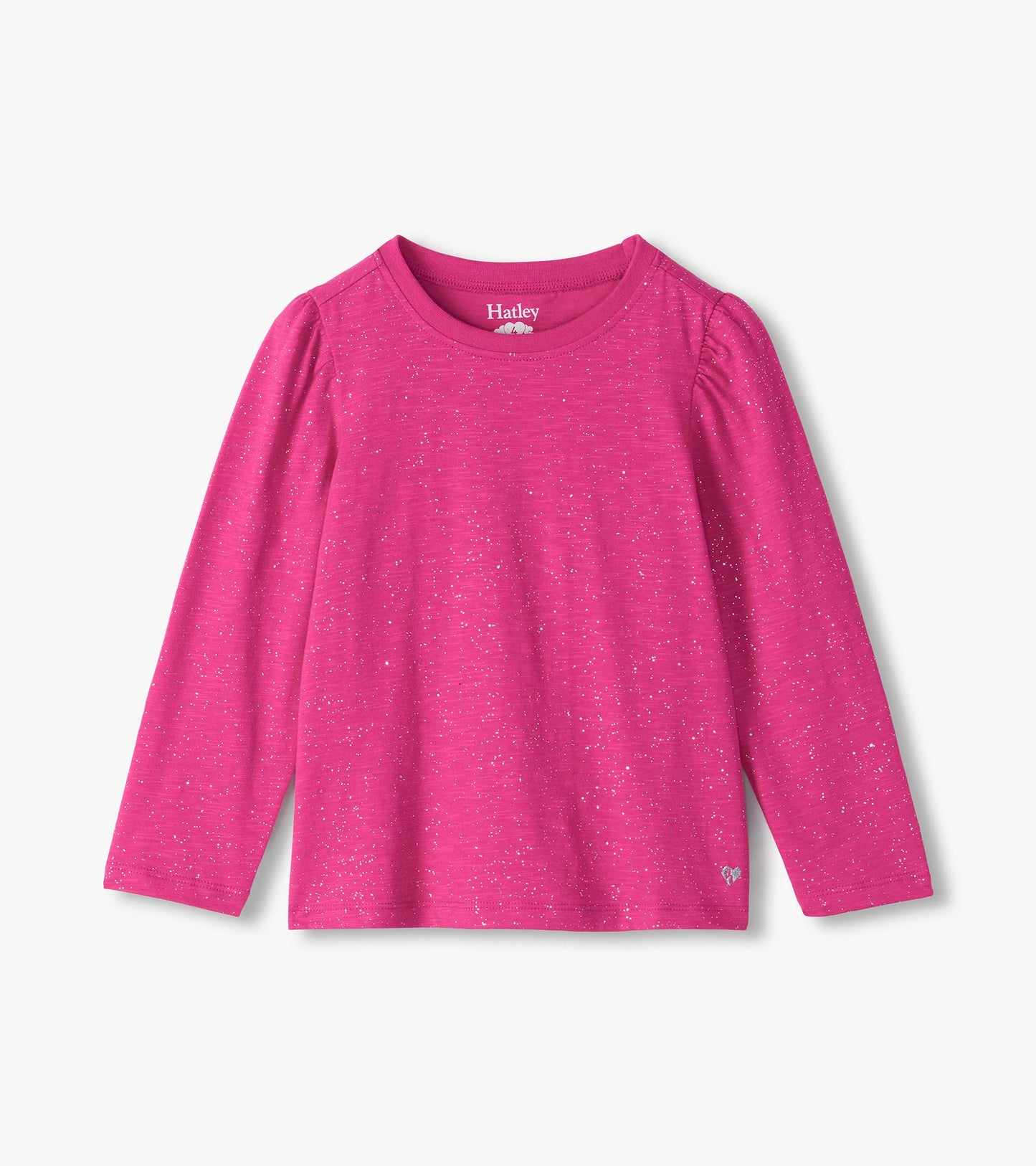 Bright pink girls long sleeve tee with silver speckled print, round neck, and lightly gathered shoulders