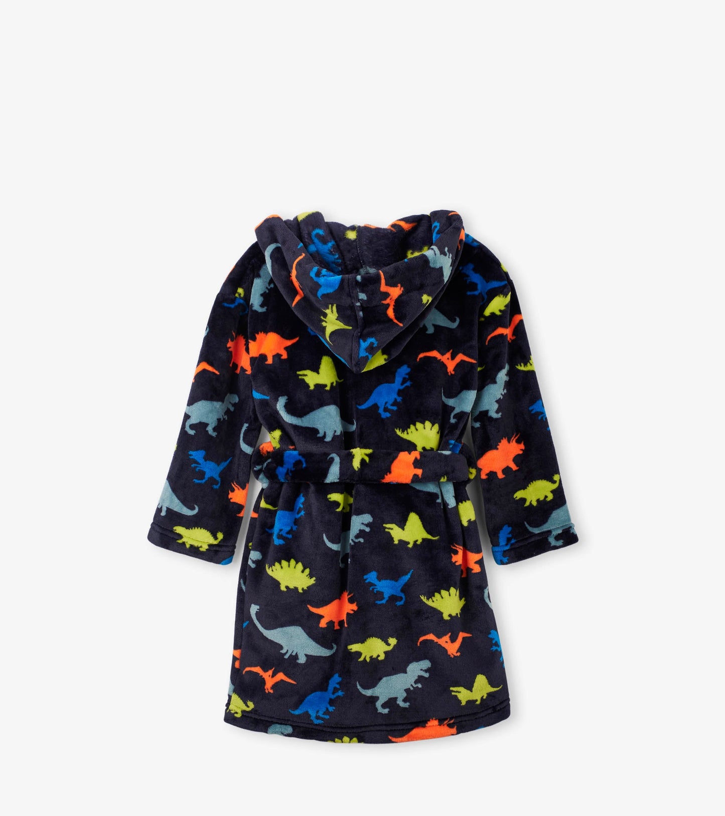 Navy fleece robe with colorful dinosaur patterns, featuring a hood and belt, suitable for boys.