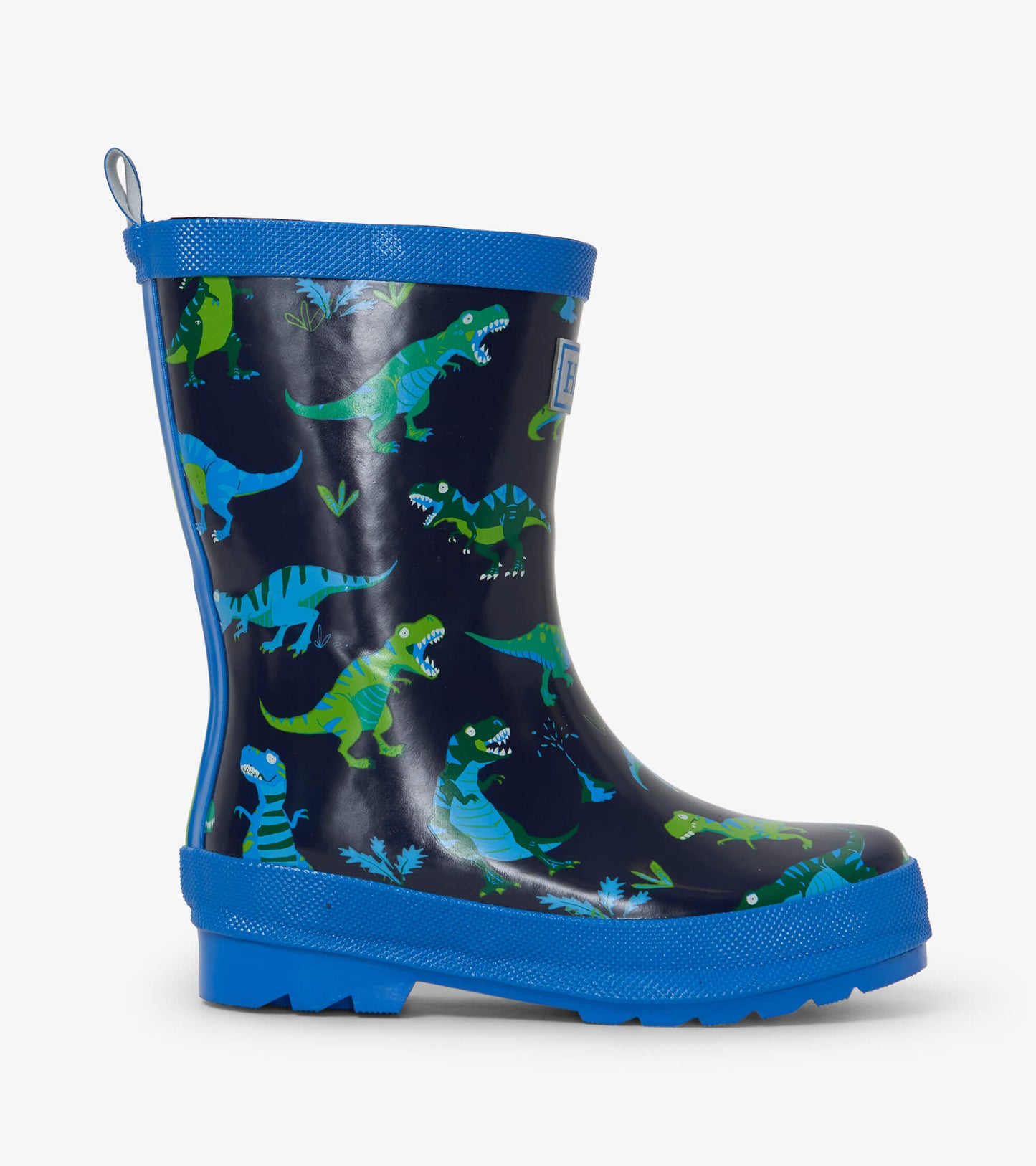 Navy rubber wellies featuring colorful dinosaur patterns and a blue trim, designed for kids.