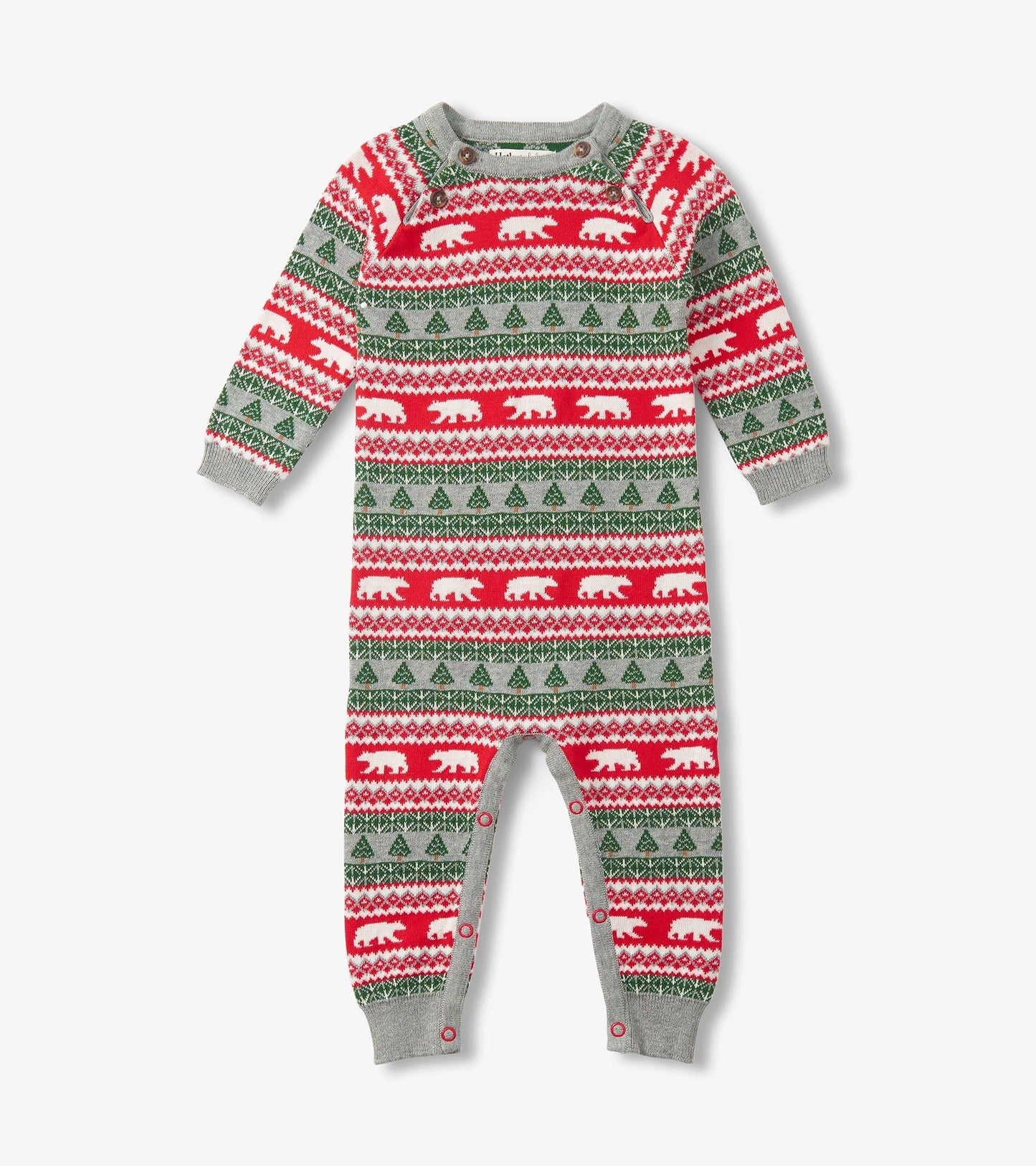 Gray sweater romper featuring a Fair Isle pattern with red, green, and white polar bears and trees, with snap closures.