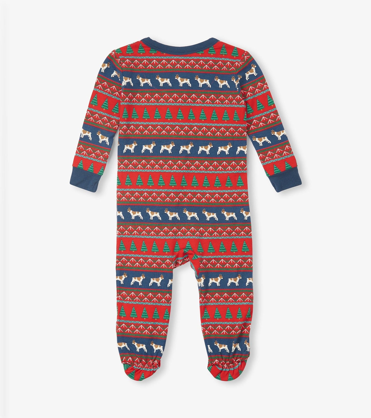 Bamboo footed sleeper in navy with Fair Isle pattern featuring bulldogs, trees, and geometric designs in red and green.