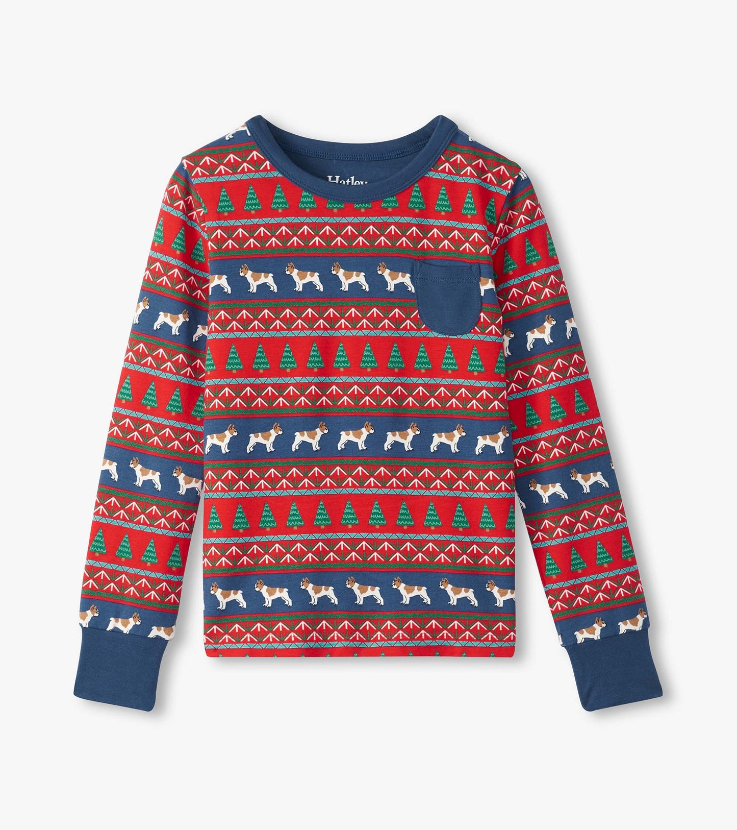 Red and navy long-sleeve pyjama top featuring a Fair Isle pattern with bulldogs and trees.