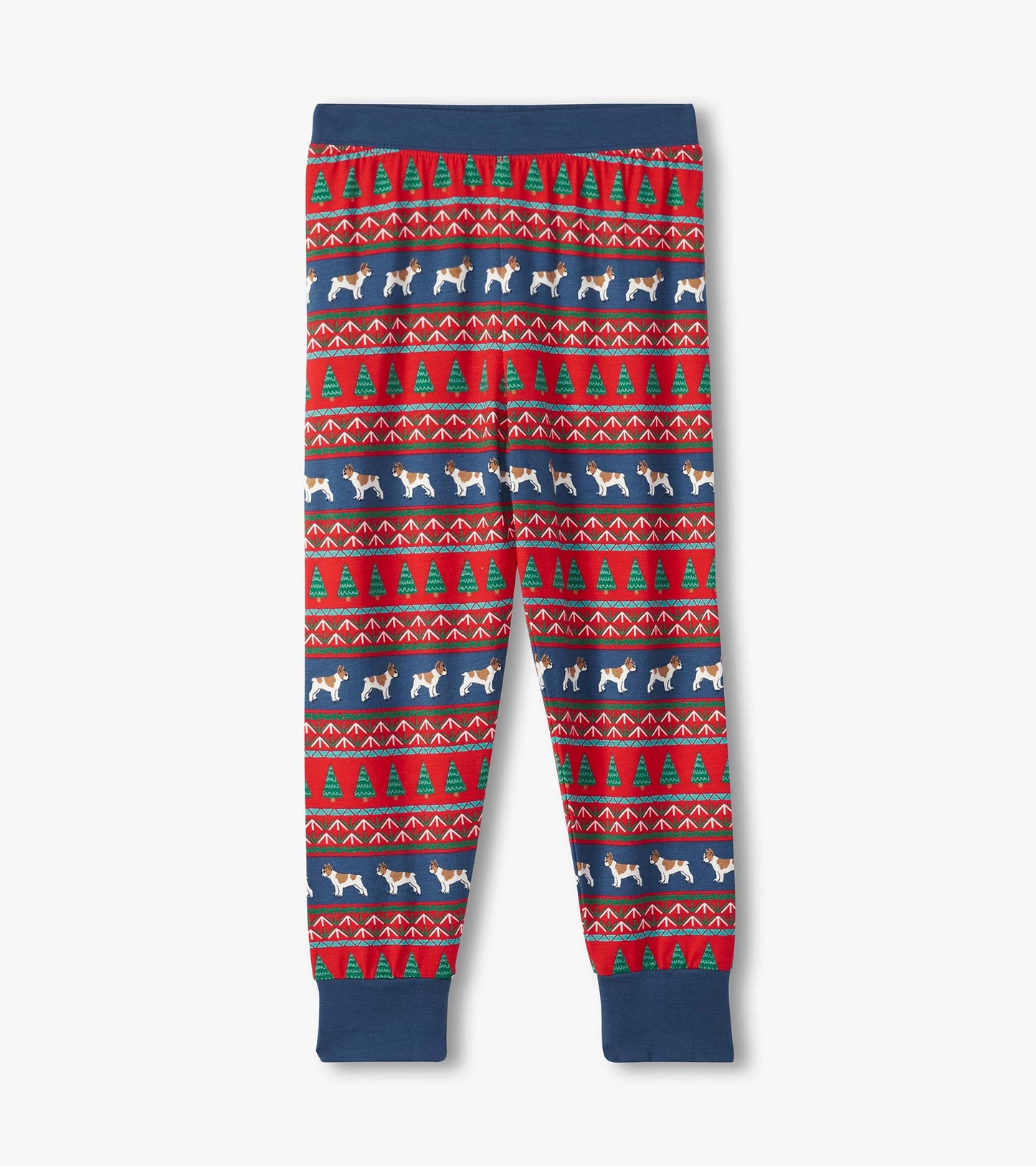 Red and blue Fair Isle pajama pants featuring bulldogs and Christmas trees, made from soft bamboo material.