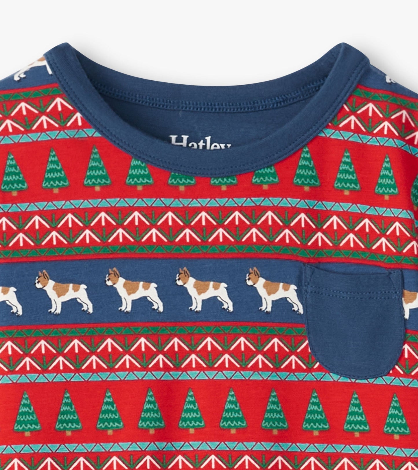Red and blue Fair Isle pyjama top featuring bulldog and tree patterns, with a pocket on the front.