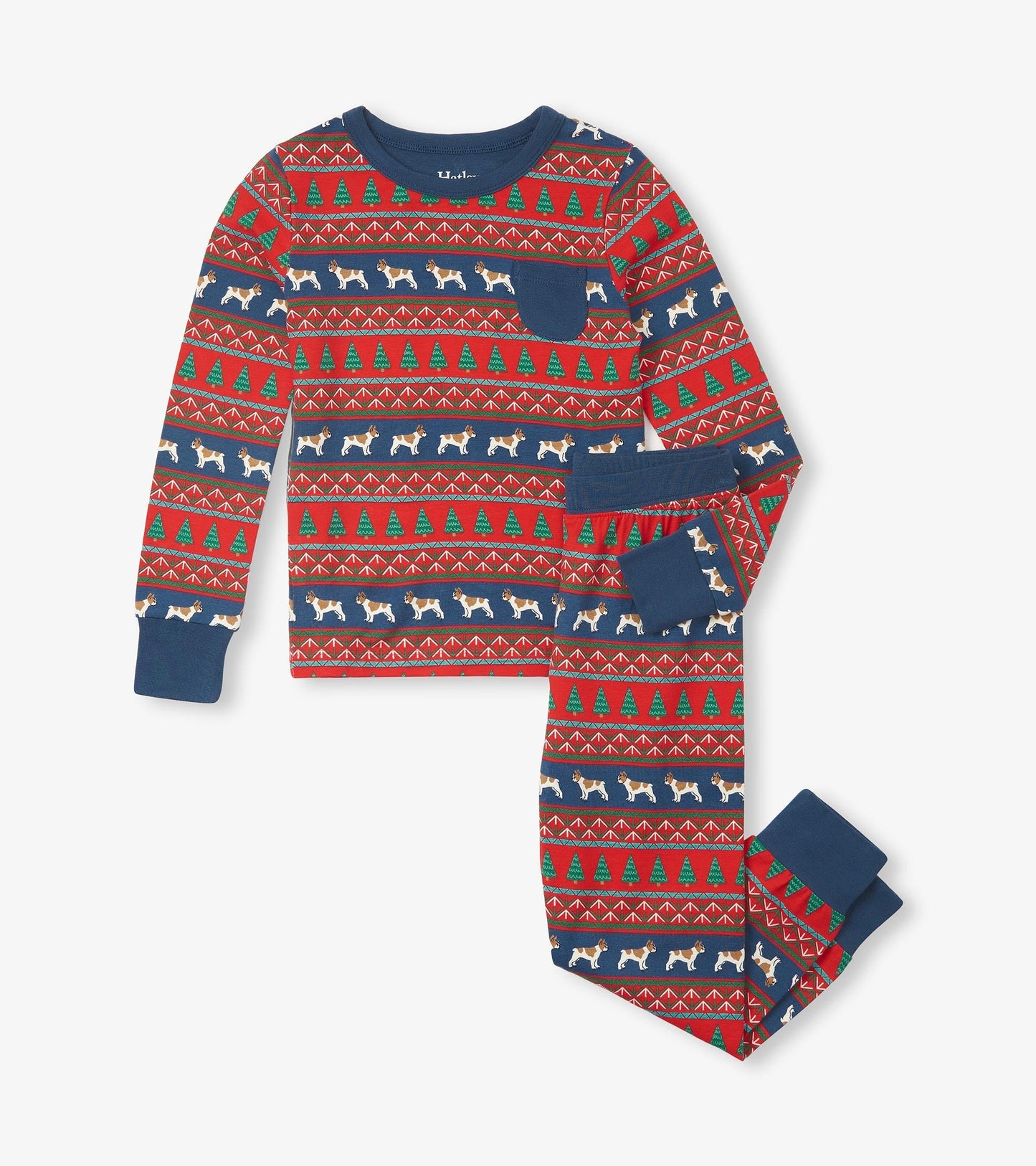 Red and navy Fair Isle pyjama set featuring bulldogs and Christmas trees, made from soft bamboo fabric.