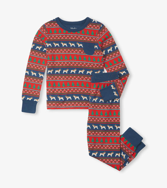 Red and navy Fair Isle pyjama set featuring bulldogs and Christmas trees, made from soft bamboo fabric.
