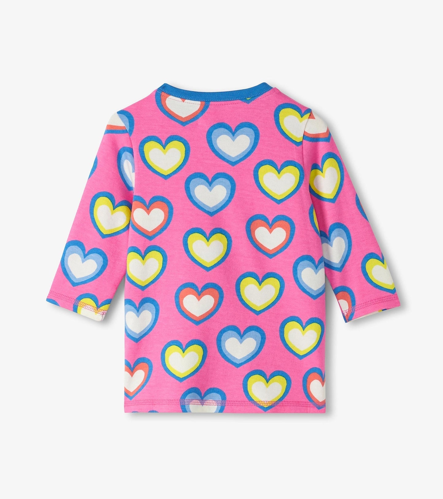 Pink terry dress featuring a colorful heart pattern and long sleeves, suitable for baby and toddler girls.