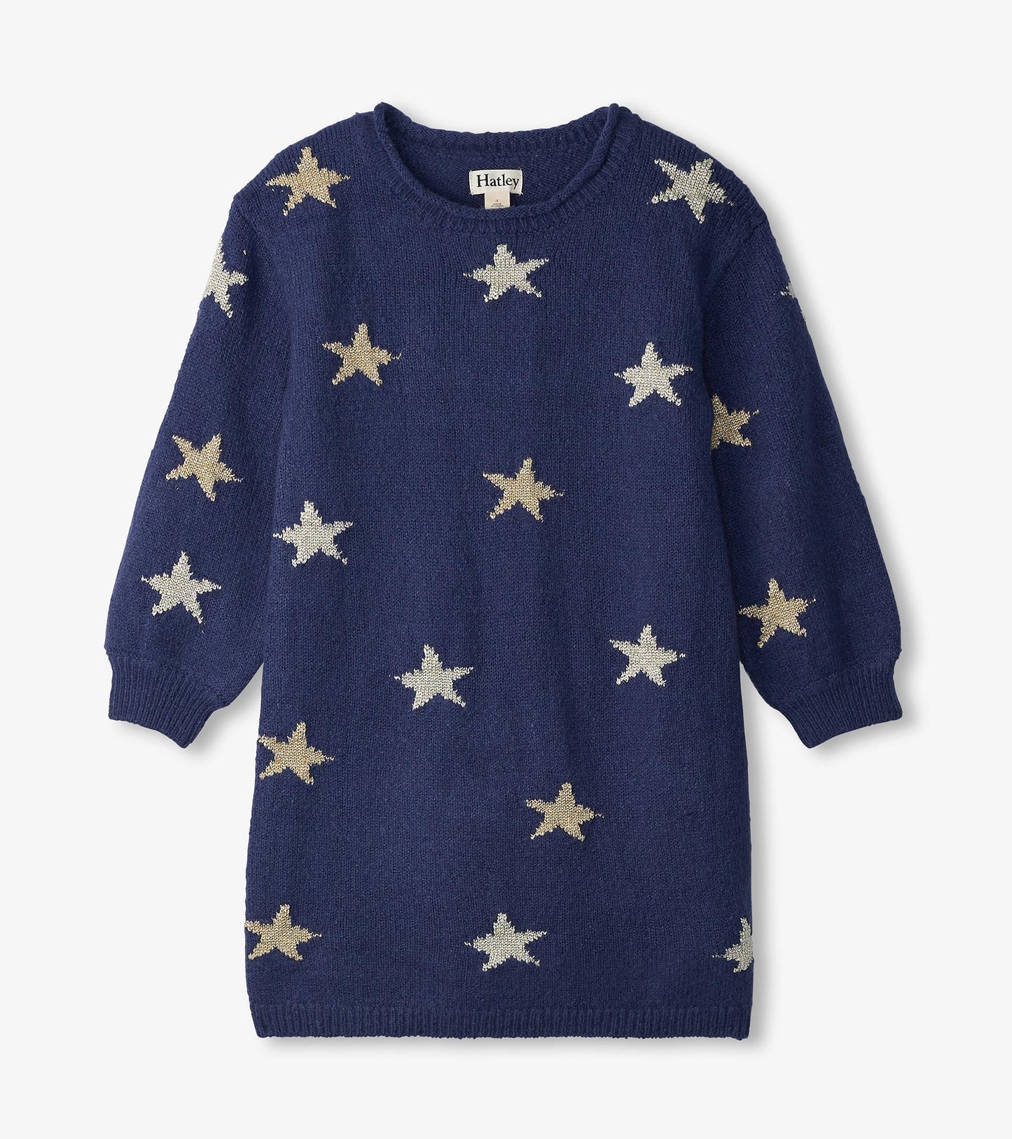 Blue sweater dress featuring gold and silver star patterns, long sleeves, and a round neckline.