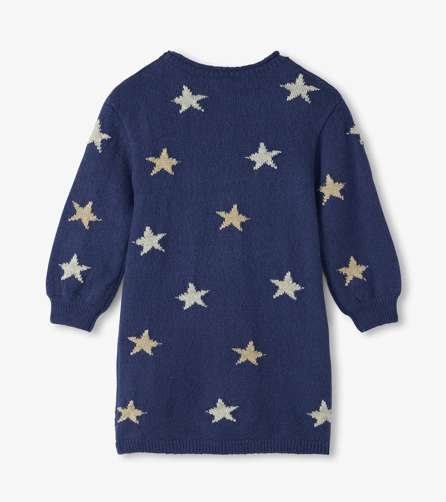Navy blue sweater dress featuring gold and silver star patterns, with long sleeves and a round neckline.