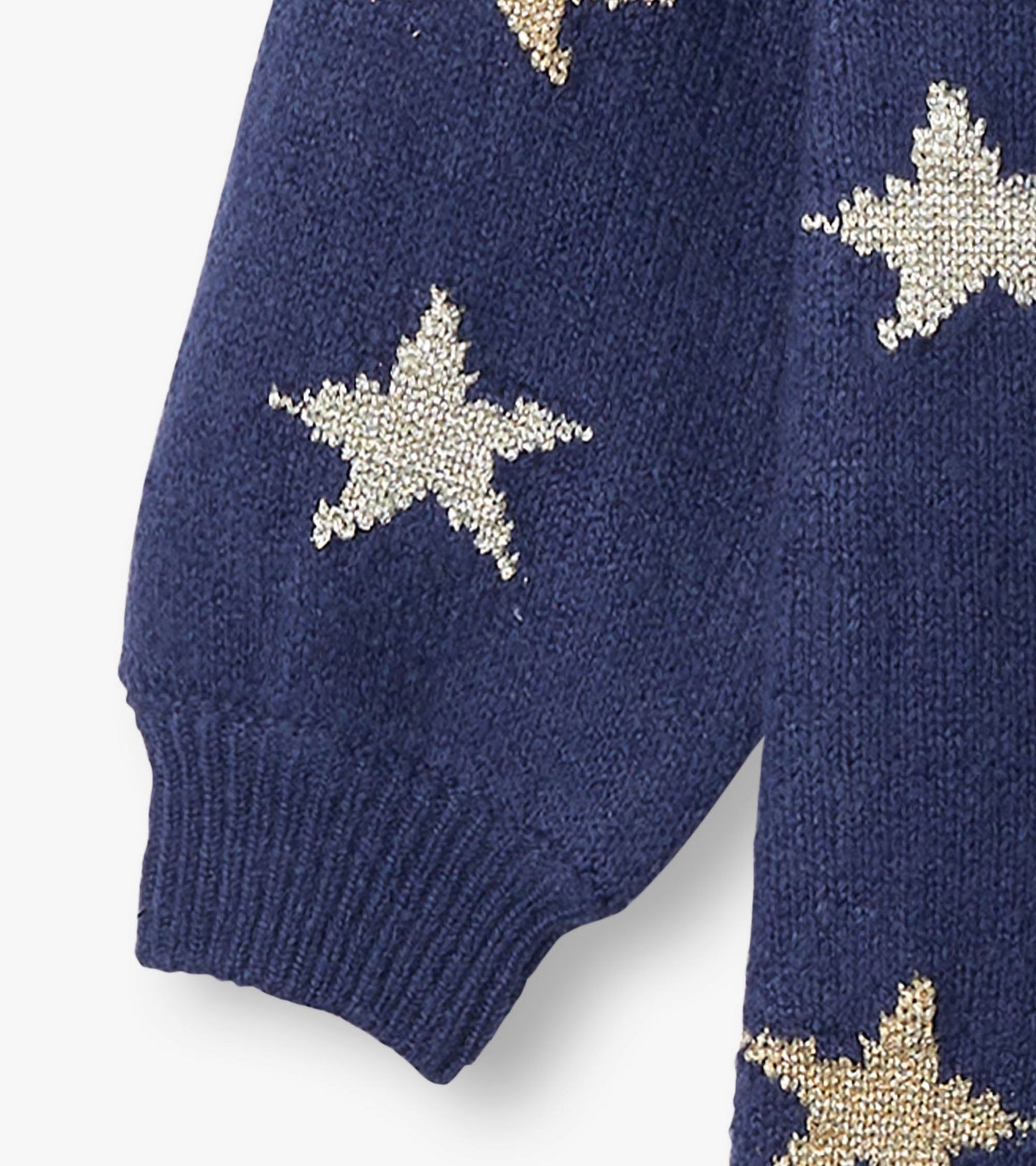 Navy blue sweater dress featuring gold star patterns and ribbed cuffs, suitable for girls.