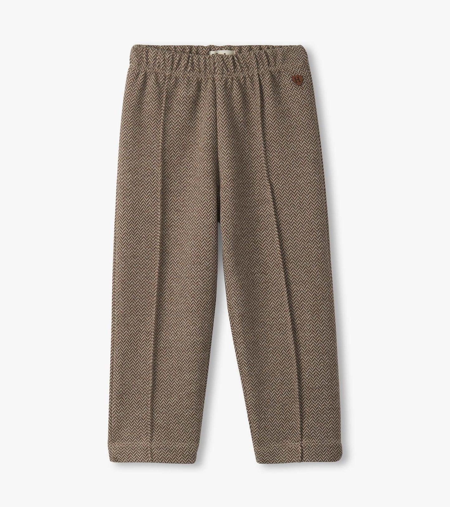 Brown herringbone pants for baby and toddler boys with an elastic waistband and a relaxed fit.