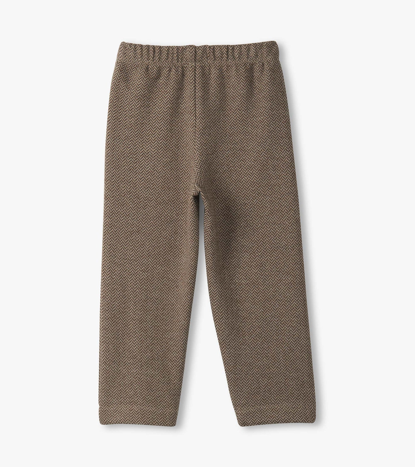 Brown herringbone pants for baby and toddler boys with an elastic waistband, displayed from the back.