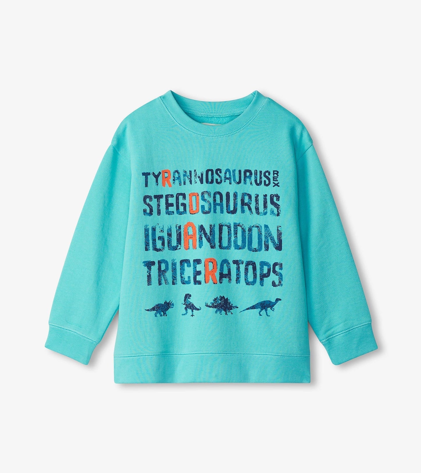 Turquoise sweatshirt featuring dinosaur names in bold letters and small dinosaur graphics. Long sleeves and crew neck design.